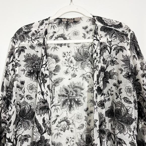 FLAX Black White Floral Linen Lightweight Jacket Sz L Drip Waterfall Front /Tie - Picture 5 of 11